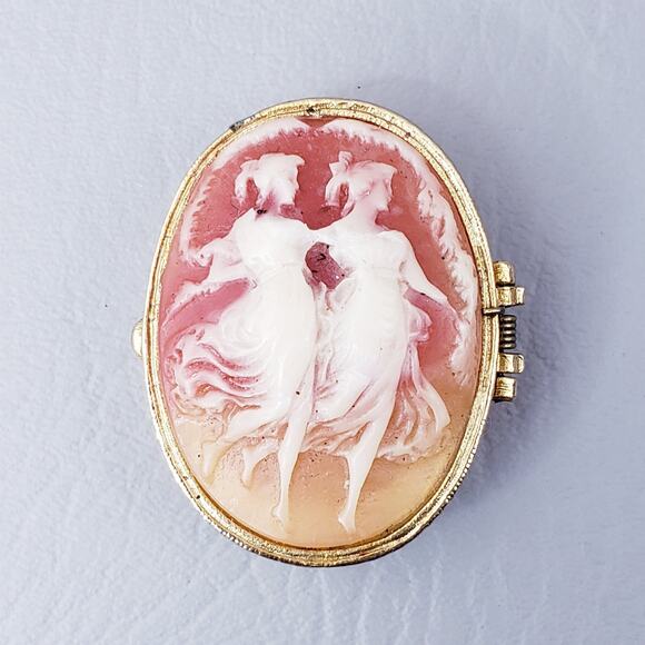 Vintage Jewelry - Vintage Cameo Pill Box Portrait Trinket Lady Ladies Gold Tone Pink